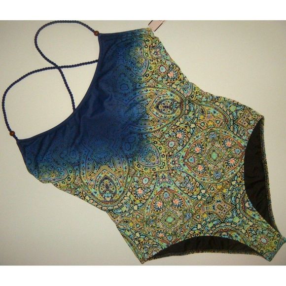 Victoria's Secret S ONE-PIECE MONOKINI+ROMPER SET MOSAIC GARDEN GREEN teal BLUE - Picture 2 of 6